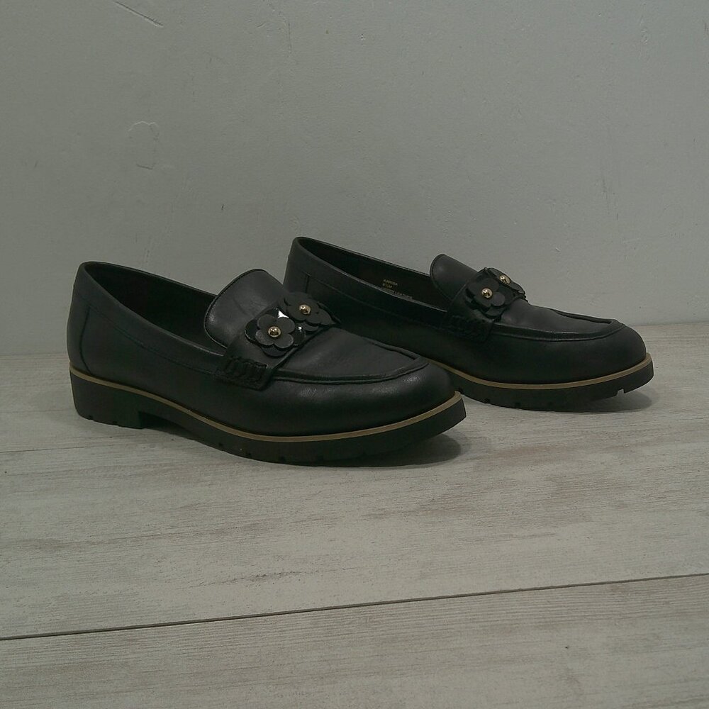 Kate Spade Black Leather Loafers with Gold Accents